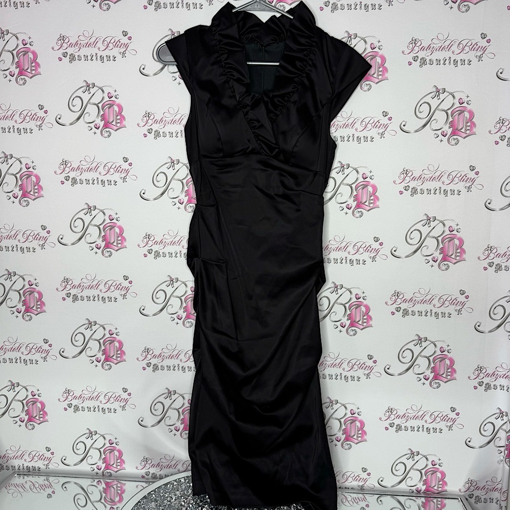 BA nites dress ruffle neckline cinching sexy bodycon tight fitting flattering